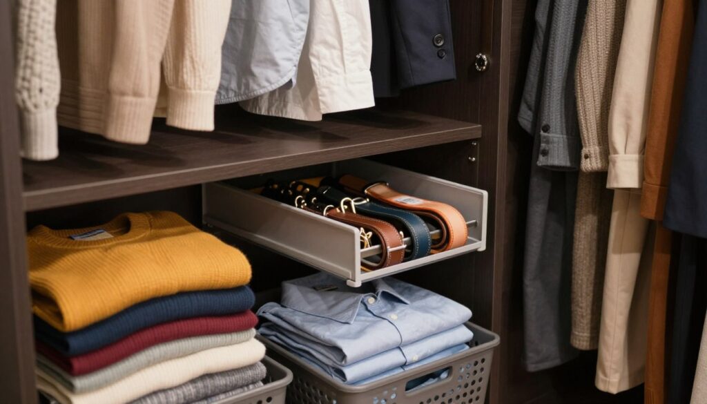 A deep wardrobe organized efficiently with various layers of clothing neatly arranged for easy access. In the foreground, focus on colorful folded sweaters and neatly stacked shirts in baskets, highlighting a layered system. In the middle, include a section of hanging garments, such as blouses and trousers, with a pull-out organizer showcasing accessories like belts and scarves. The background should feature the dark interior of the wardrobe, emphasizing depth and space where items are visible but not cluttered. Use soft, warm lighting to create an inviting atmosphere that conveys organization and practicality, with a close-up perspective that captures the textures of the fabrics and the neat arrangement of the wardrobe.