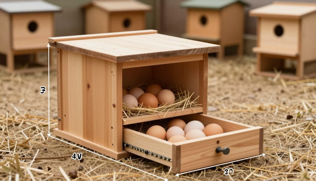 A detailed and ergonomic chicken nesting box design, showcasing dimensions suitable for laying hens. The foreground highlights a beautifully crafted, wooden nesting box with a pull-out drawer for easy cleaning, displaying dimensions such as width, height, and depth. In the middle, the nesting box is filled with straw and a few realistic eggs, invitingly arranged for hens. The background illustrates a cozy poultry environment with other nesting boxes spaced comfortably apart, allowing for movement. Soft, natural lighting simulates a farm setting, illuminating the wood grain and straw details. The angle captures the nesting box at eye level, creating an inviting and practical atmosphere, emphasizing the usability and design for optimal hen comfort.
