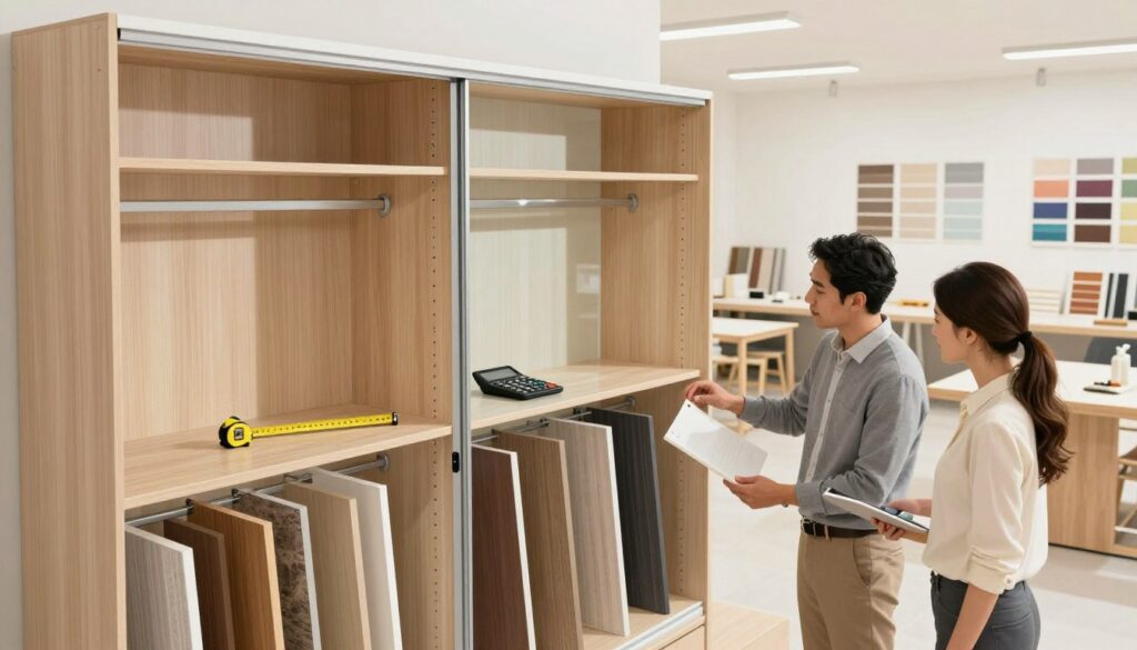 A detailed and intricate illustration depicting various factors influencing the cost of installing sliding wardrobes. In the foreground, a professional couple in modest business attire examines different wardrobe designs and materials, showcasing various styles. The middle layer includes a variety of cost-related elements, such as high-quality materials like wood, glass, and metal, alongside tools like measuring tapes and calculators, symbolizing budgeting. In the background, a bright, modern workshop with well-lit workspaces, surrounded by color swatches and sample boards, conveys an atmosphere of professionalism and craftsmanship. Use soft yet bright lighting to create an inviting and informative ambiance, with a slightly elevated angle for a clear perspective on the interaction between the couple and the elements around them.