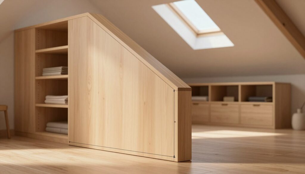 A detailed architectural illustration depicting the concept of a wall dimension, specifically a knee wall in an attic space. In the foreground, a well-measured knee wall stands, showcasing its sloped top and vertical section, rendered in light wood with a smooth finish. In the middle, various built-in furniture elements like a closet and shelving optimized for space utilization are visible. The background features a cozy attic atmosphere with soft, warm lighting emanating from a skylight, casting gentle shadows. The scene is viewed from a slight angle to emphasize the dimensions, creating a sense of depth, while the overall mood is inviting and practical, perfect for an informative setting about smart solutions for attic spaces.