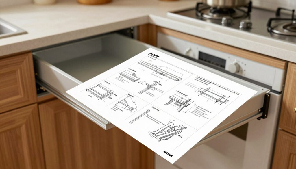 A detailed assembly instruction manual for a Blum tray drawer, displayed prominently in the foreground, showcasing step-by-step diagrams and illustrations highlighting dimensions and hardware specifications. In the middle ground, a clean and organized kitchen setting serves as a backdrop, featuring wooden cabinetry and modern appliances to evoke a practical and inviting atmosphere. The background should contain subtle, blurred elements of the kitchen to maintain focus on the instruction manual. Soft, natural lighting illuminates the scene, creating a warm and inviting feel. The angle captures a top-down view, enhancing the professional and instructional quality of the image, ensuring it conveys clarity and precision for a step-by-step guide.