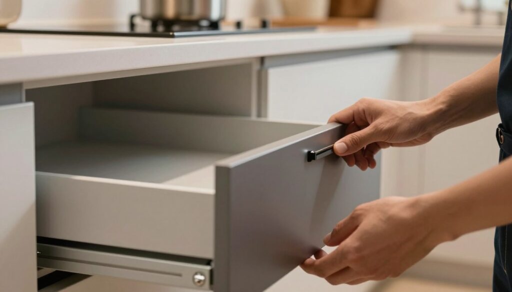 A detailed close-up of a Blum drawer being adjusted, showcasing precise alignment and smooth operation. In the foreground, a pair of hands in professional attire delicately fine-tuning the adjustment mechanism of the drawer, ensuring perfect fit and fluidity. In the middle ground, the drawer itself, with a sleek modern design, displaying an ideal gap between the front panel and surrounding cabinetry, reflecting high craftsmanship. The background features softly illuminated kitchen cabinetry that emphasizes a clean, organized space. Warm lighting enhances the mood, creating an atmosphere of professionalism and diligence, with a shallow depth of field focusing on the drawer mechanism while gently blurring the background.