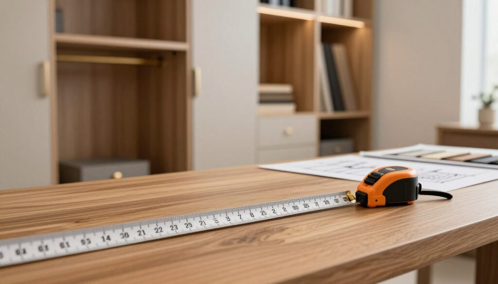 A detailed close-up of a beautifully crafted custom wardrobe, showcasing its precise measurements and exquisite design. In the foreground, focus on a measuring tape laid across the wood grain surface, emphasizing the cost per linear meter (mb) in a professional setting. The middle ground features a well-lit, modern interior with the wardrobe against a neutral wall, highlighting its sleek lines and elegant finish. The background should include subtle hints of design sketches and material samples on a work table, creating an atmosphere of professionalism and craftsmanship. Soft lighting accentuates the textures of the wood and provides a warm, inviting feel, inviting the viewer to explore the intricacies of custom wardrobe pricing. The angle should be slightly elevated, capturing both the functionality and aesthetic appeal of the storage solution.