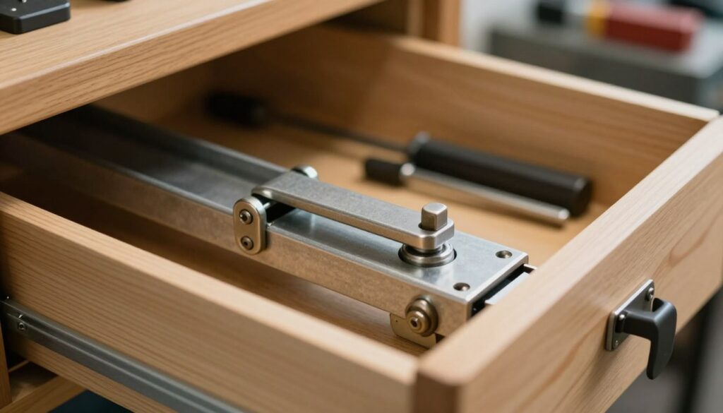 A detailed close-up of a wooden drawer partially pulled out of a metallic ball-bearing slide. In the foreground, focus on the intricate mechanisms of the slide, showcasing a smooth, action-ready lever system and sturdy locks in place. The middle ground features the drawer, revealing its interior, filled with neatly organized tools and accessories, creating a sense of practicality. The background includes a blurred workspace, hinting at a well-equipped workshop environment with soft ambient lighting, accentuating the metallic sheen of the ball-bearing mechanism. The mood should be instructional yet approachable, inviting the viewer to understand the mechanics of drawer removal efficiently. Use a slightly elevated angle to capture the full scale and details while maintaining a sense of depth.