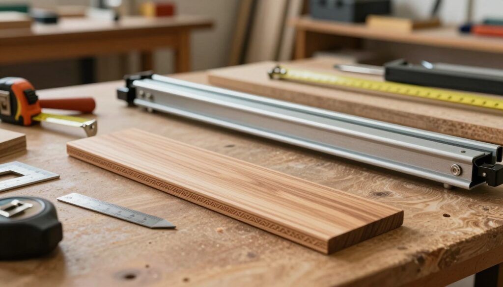 A detailed close-up of a woodworking workspace featuring a sliding door bookmark, beautifully crafted from natural wood, with intricate patterns accentuating its edges. In the foreground, the bookmark rests on a smooth, polished workbench surrounded by tools like a tape measure and a square, symbolizing precision in measurements. The middle ground showcases a set of drawer tracks and a sliding system, highlighting their importance in door installation. Soft, diffused lighting creates a warm atmosphere, emphasizing the textures of the wood and metal components. The background is a softly blurred workshop, with shelves holding additional hardware and materials, enhancing the sense of a busy, professional environment focused on carpentry and design adjustments.