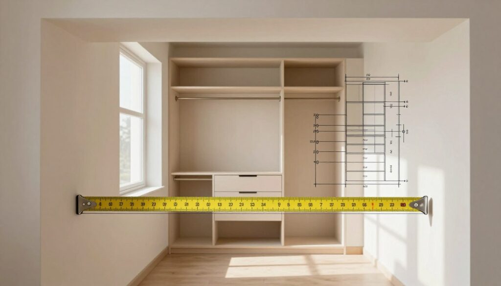 A detailed illustration of a closet design concept for a recessed wardrobe, showcasing precise measurements for optimal fit. In the foreground, include a measuring tape stretched between two walls of the niche, emphasizing accurate dimensions. In the middle ground, display a blueprint or sketch of the closet, featuring shelves, hanging space, and drawers, visually organized with annotations for size specifications. In the background, a well-lit room setting with light-colored walls to enhance the space's openness. Use natural lighting, simulating sunlight pouring in through a window, casting soft shadows for depth. The atmosphere should feel inviting and professional, conveying a sense of careful planning and craftsmanship.