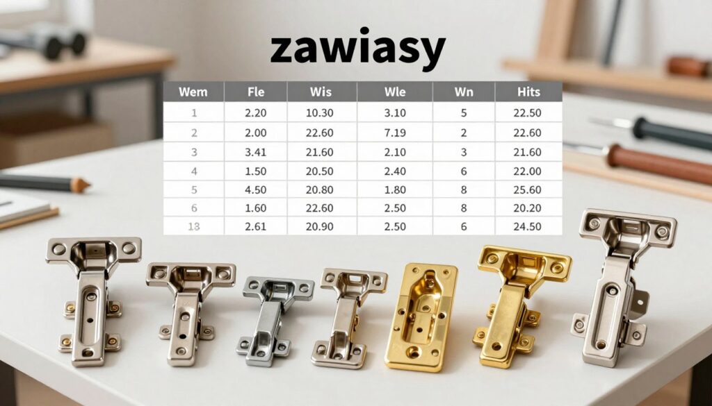 A detailed illustration of various types of hinges ("zawiasy") designed for cabinet doors, displayed prominently in the foreground. The hinges exhibit different sizes, materials, and mechanisms—some are stainless steel, while others are brass. In the middle, a well-organized table layout showcases a guideline for the number of hinges needed based on the weight of cabinet fronts. The background is softly blurred, with a hint of a workshop setting, featuring tools and materials related to woodworking. The lighting is bright but soft, casting minimal shadows to enhance clarity, captured from a slightly elevated angle for a comprehensive view. The mood is informative and professional, aiming to educate viewers about hinge selection. No text or overlays are present.