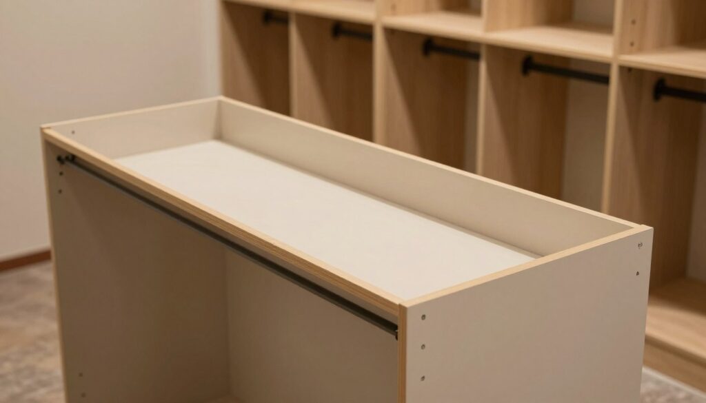 A detailed image of a custom wardrobe structure, showcasing the body construction of a built-in closet. In the foreground, focus on the side walls of the wardrobe, highlighting the sturdy materials and smooth finishes, with precise measurements indicated. The middle ground features tools and brackets used for stabilization, arranged neatly to suggest an organized workspace. In the background, a partially mounted wardrobe against a wall, emphasizing the installation process with clear alignment. The lighting is warm and inviting, casting soft shadows to enhance depth. The angle should be slightly above eye level, offering a comprehensive view of the entire setup, creating a professional and instructional atmosphere.