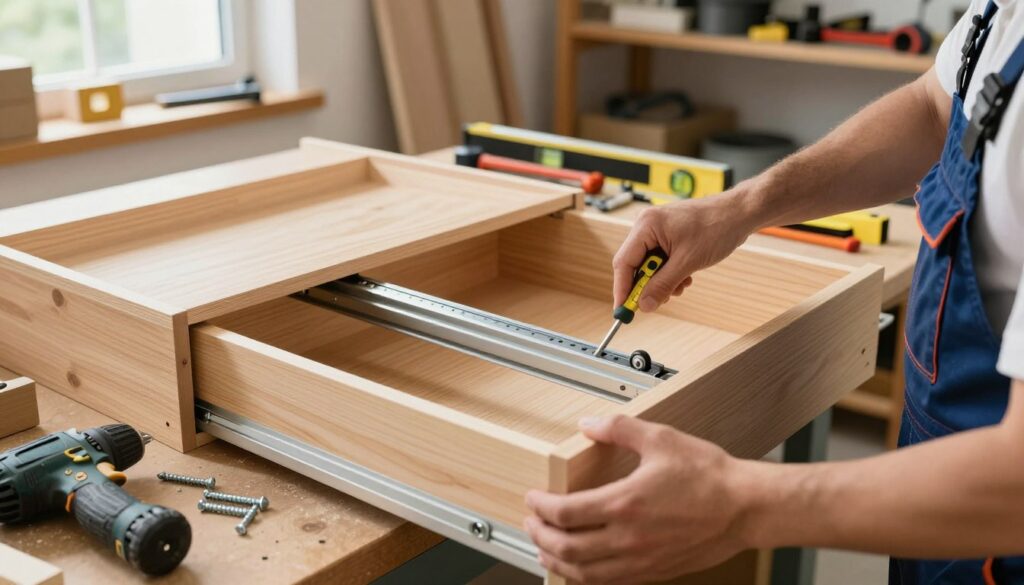 A detailed, instructional scene showing the step-by-step installation of a ball-bearing drawer slide. In the foreground, a pair of hands in professional attire are carefully aligning the slide rail with a wooden drawer, using a screwdriver and measuring tape. The middle ground features the partially assembled drawer on a workbench, surrounded by tools like a drill, screws, and a level. In the background, a well-organized workshop is visible, with shelves filled with carpentry tools and materials. Bright, natural light filters through a window, illuminating the scene, accentuating the focus on precision and craftsmanship. The atmosphere conveys a sense of diligence and professionalism.