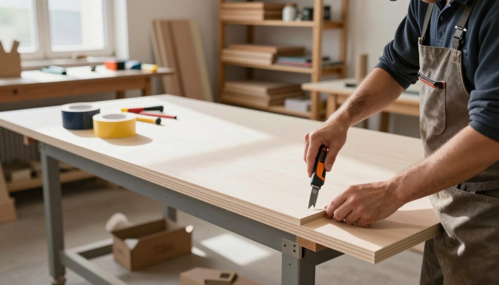 A detailed scene depicting the edge banding process on an MDF board in a well-lit workshop environment. In the foreground, a craftsman wearing a professional apron and safety goggles carefully applies edge banding tape to the freshly cut edges of a smooth MDF panel, using a utility knife and an edge banding tool. The middle section features various tools and materials, such as rolls of edge banding tape in different colors and textures, emphasizing the transformation of raw MDF into a polished finish. The background reveals shelves filled with wood supplies and a workbench cluttered with tools, enhancing the workshop atmosphere. Bright, natural lighting pours in from a nearby window, casting soft shadows and creating an inviting, focused mood that highlights the craftsmanship involved. A detailed scene depicting the edge banding process on an MDF board in a well-lit workshop environment. In the foreground, a craftsman wearing a professional apron and safety goggles carefully applies edge banding tape to the freshly cut edges of a smooth MDF panel, using a utility knife and an edge banding tool. The middle section features various tools and materials, such as rolls of edge banding tape in different colors and textures, emphasizing the transformation of raw MDF into a polished finish. The background reveals shelves filled with wood supplies and a workbench cluttered with tools, enhancing the workshop atmosphere. Bright, natural lighting pours in from a nearby window, casting soft shadows and creating an inviting, focused mood that highlights the craftsmanship involved.