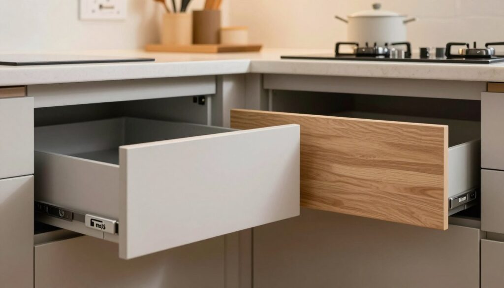 A detailed side-by-side comparison of two kitchen drawer systems - Rejs and Blum - presented with a focus on their durability and craftsmanship. In the foreground, display a modern kitchen environment featuring two open drawers: one from Rejs with a sleek, minimalist design showcasing durable materials, and the other from Blum exhibiting elegant craftsmanship and smooth functionality. In the middle ground, softly blurred kitchen elements like utensils and cabinets create context without distraction. The background reveals a well-lit kitchen with warm, inviting tones, highlighting the contrast between the two drawer designs. Capture the scene using a wide-angle lens to encompass the entire setup, with soft, diffused natural lighting that conveys a sense of quality and professionalism, emphasizing the durability aspect of both products.