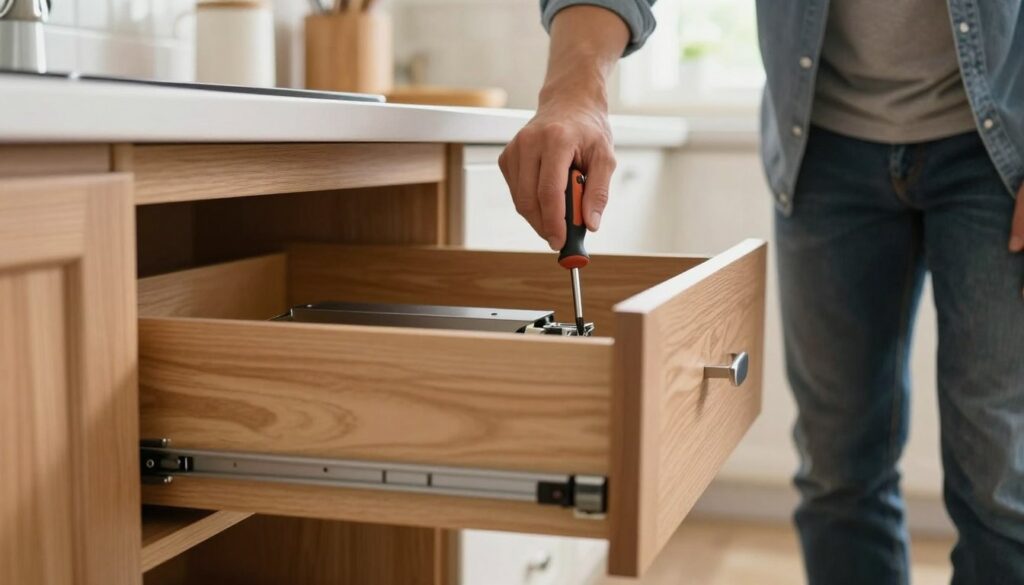 A detailed step-by-step demonstration of how to remove a soft-close drawer from a wooden cabinet. In the foreground, focus on a partially opened drawer with a sleek design and modern pull handle, revealing the internal mechanism. The middle ground shows a person in smart casual clothing, confidently using a screwdriver to examine the drawer's locking mechanism. The background features a well-lit kitchen with soft, natural light streaming through a nearby window, highlighting the elegance of the cabinetry. The atmosphere is instructional and practical, with a warm feel. Use a close-up angle to emphasize the drawer's design and the person's careful approach to the task, conveying a sense of clarity and ease in the process. A detailed step-by-step demonstration of how to remove a soft-close drawer from a wooden cabinet. In the foreground, focus on a partially opened drawer with a sleek design and modern pull handle, revealing the internal mechanism. The middle ground shows a person in smart casual clothing, confidently using a screwdriver to examine the drawer's locking mechanism. The background features a well-lit kitchen with soft, natural light streaming through a nearby window, highlighting the elegance of the cabinetry. The atmosphere is instructional and practical, with a warm feel. Use a close-up angle to emphasize the drawer's design and the person's careful approach to the task, conveying a sense of clarity and ease in the process.