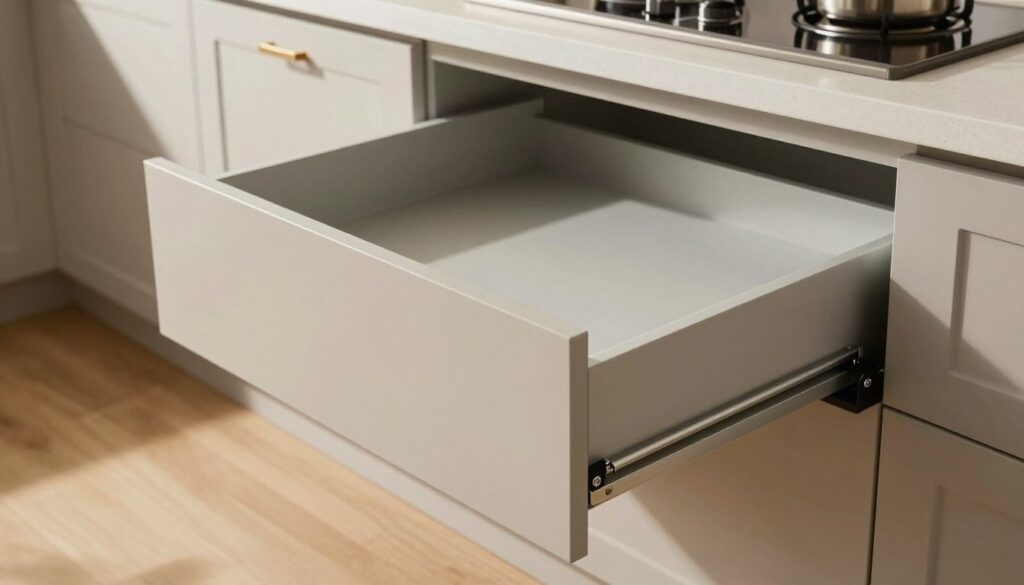 A detailed view of a Blum pull-out drawer system displayed in a spacious kitchen setting. The drawer, elegantly extended, showcases precise dimensions and fittings, highlighting the smooth sliding mechanism and sturdy construction. The focus is on the sleek design of the drawer, crafted from high-quality materials, emphasizing the clean lines and modern aesthetic. Subtle shadows and warm, natural lighting accentuate the craftsmanship, creating an inviting atmosphere. In the background, a kitchen cabinet seamlessly integrates with the drawer, showcasing the perfect fit and functionality. Capture this scene from a slightly elevated angle, ensuring the drawer's detail and the kitchen's stylish decor are clearly visible, conveying a sense of practicality and sophistication.