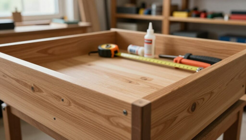 A detailed view of the bottom of a wooden drawer, showcasing its construction elements. In the foreground, the focus is on a smooth, polished surface with visible joints and screws securing the drawer bottom to the sides. The middle ground features the interior of the drawer, revealing neatly arranged tools like a measuring tape, wood glue, and clamps, suggesting an ongoing construction process. The background displays a well-lit workshop environment with shelves filled with various woodworking supplies and tools, enhancing the crafting atmosphere. Soft, natural light filters through a nearby window, creating a warm and inviting ambiance. A macro lens perspective captures the textures and details, emphasizing craftsmanship and precision in drawer assembly.