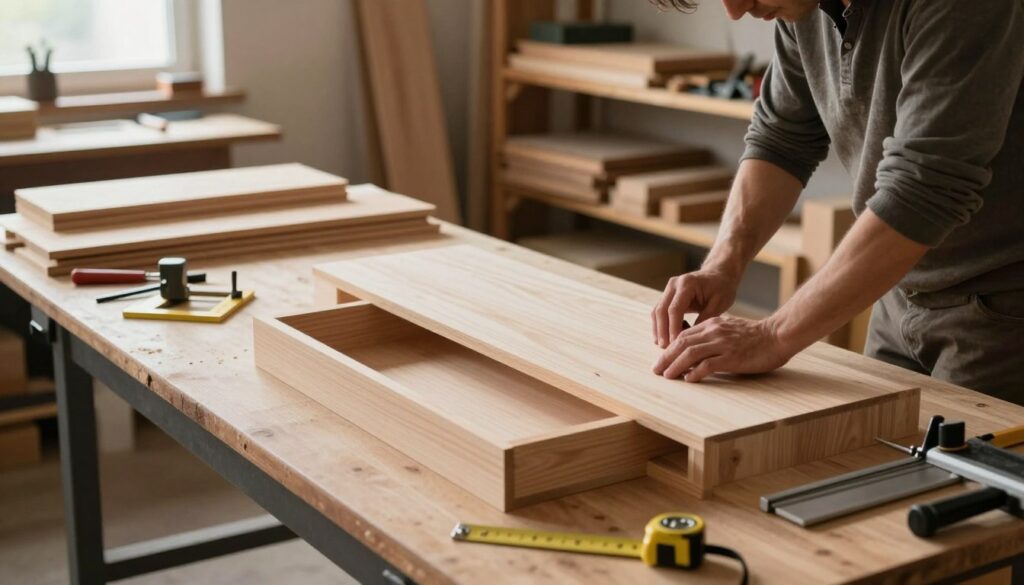 A detailed woodworking scene showcasing the process of cutting and assembling drawer carcasses for a workshop table. In the foreground, a skilled woodworker in modest casual clothing focuses on a table saw, cutting precise panels of wood with attention to detail. The middle ground includes neatly arranged pieces of wood, clamps, and tools like a square and measuring tape, emphasizing the steps involved in making sturdy drawers. In the background, there are shelves filled with wood supplies, casting a warm, inviting light. The atmosphere is one of concentration and craftsmanship, captured from an angled perspective that highlights the active engagement in this woodworking project. Soft, natural lighting flows in from a nearby window, enhancing the warm tones of the wood. A detailed woodworking scene showcasing the process of cutting and assembling drawer carcasses for a workshop table. In the foreground, a skilled woodworker in modest casual clothing focuses on a table saw, cutting precise panels of wood with attention to detail. The middle ground includes neatly arranged pieces of wood, clamps, and tools like a square and measuring tape, emphasizing the steps involved in making sturdy drawers. In the background, there are shelves filled with wood supplies, casting a warm, inviting light. The atmosphere is one of concentration and craftsmanship, captured from an angled perspective that highlights the active engagement in this woodworking project. Soft, natural lighting flows in from a nearby window, enhancing the warm tones of the wood.