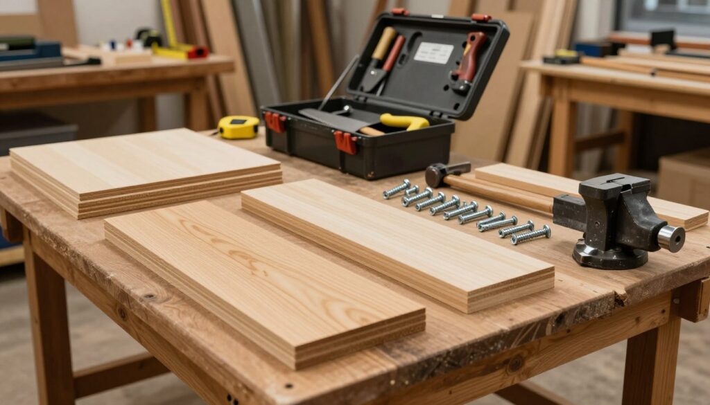 A detailed workshop scene displaying various construction materials for a woodworking table. In the foreground, a polished wooden workbench showcases wooden planks and sheets of plywood, neatly stacked with visible wood grains and textures. A variety of metal screws and joinery components are artfully arranged next to a sturdy vices clamp. In the middle ground, an organized toolbox rests with open compartments revealing different tools like a saw, hammer, and a measuring tape. The background features a softly lit workshop with shelves filled with more construction materials and tools, evoking a productive atmosphere. The lighting should have a warm, inviting tone, casting gentle shadows to highlight the details of the materials. A wide-angle perspective captures the entire layout for a comprehensive view.