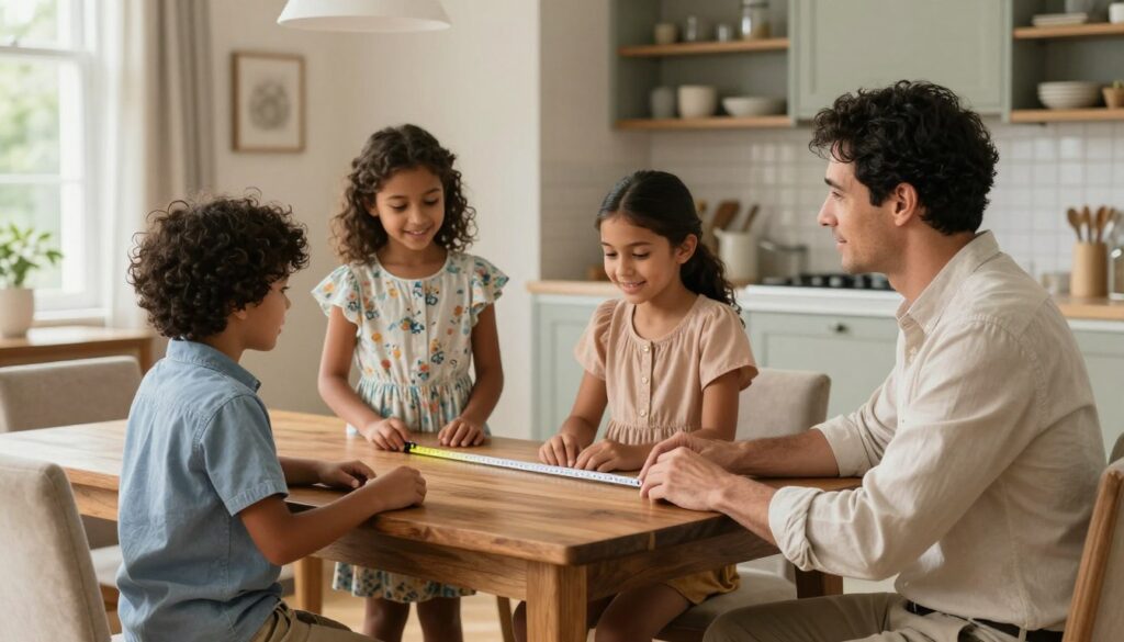 A dining room scene featuring a diverse family sitting around a beautifully set wooden dining table. In the foreground, focus on a father and mother, dressed in smart casual attire, engaged in a discussion about table height while looking at their children, a boy and girl both standing next to the table. The children, dressed in playful yet modest clothing, are measuring the table's height with a measuring tape. In the background, a well-lit, inviting kitchen can be seen, with soft natural light pouring in from a window. The mood is warm and collaborative, emphasizing family dynamics and ergonomics in a cozy, stylish environment. The image captures the essence of matching table height to the varying needs of family members.