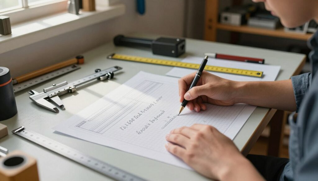 A focused workspace showcasing a professional drafting table cluttered with precise measurement tools, like calipers, rulers, and pens. In the foreground, a close-up of hands in casual but neat attire meticulously drafting quick calculations for drawer guides on graph paper, highlighting common errors in measurement. The background features a well-organized workshop with tools hanging and a faint blur of shelving units filled with hardware. Soft, diffused natural light streams in from a window, casting gentle shadows that create a calm, focused atmosphere. The angle captures a top-down view, emphasizing the meticulous nature of the calculations being made, projecting an aura of professionalism and attention to detail.