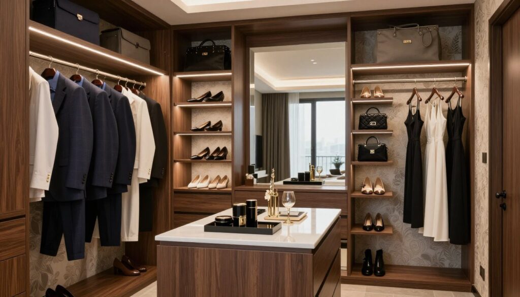 A luxurious walk-in wardrobe, featuring elegant wood cabinetry and soft LED lighting that highlights the organized space. In the foreground, display a neatly arranged row of suits and dresses on polished hangers, complemented by a sleek island with elegant accessories. The middle section showcases a large mirror reflecting the room's stylish design, with built-in shelves of shoes and bags on either side. The background features sophisticated wallpaper with a subtle pattern and soft, ambient lighting to create a warm atmosphere. The overall mood is classy and inviting, suggesting a perfect blend of functionality and aesthetic appeal, ideal for a modern bedroom setting.