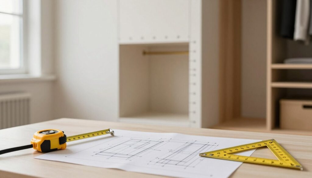 A meticulous interior design scene showcasing the precise measurements of a niche wardrobe space, featuring a custom-built closet design against a wall. In the foreground, there are measuring tapes, a carpenter's square, and detailed sketches of wardrobe dimensions laid out on a clean desk. In the middle ground, the niche is perfectly framed, with marked measurements on the wall, and a partially constructed wardrobe structure. The background is softly blurred to emphasize the wardrobe area while depicting a warm, inviting atmosphere with soft, natural lighting filtering through a nearby window. The camera angle is slightly elevated, capturing the full context of the niche and the tools, conveying a sense of professionalism and focus in the craftsmanship.