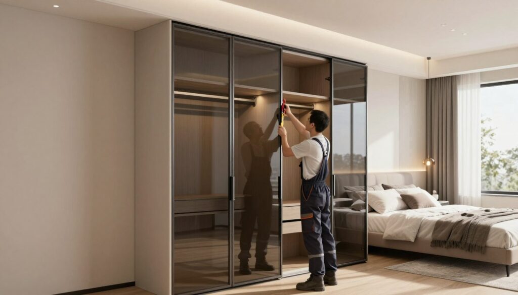 A meticulously organized living space showcasing a modern sliding wardrobe installation. In the foreground, a stylish sliding wardrobe with sleek glass doors, beautifully reflecting light, stands against a soft neutral wall. In the middle, a professional installer, dressed in tidy work attire, is adjusting the alignment of the wardrobe, using precise tools. The background features a tastefully decorated bedroom with warm, inviting lighting, highlighting the wardrobe's functional design. Natural sunlight filters through a nearby window, creating a harmonious and enriching atmosphere. The overall composition emphasizes clarity and professionalism, illustrating the intricate details of wardrobe installation while maintaining a sense of modern elegance.