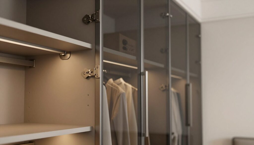 A minimalist, modern built-in wardrobe (szafa wnękowa) in a contemporary bedroom setting, showcasing elegant materials and durable hardware. The wardrobe features sleek sliding doors made of frosted glass, with brushed metal handles for a refined touch. In the foreground, a close-up of sturdy shelf brackets and soft-close hinges emphasizes practical functionality. The middle ground highlights neatly arranged clothing inside the wardrobe, providing a glimpse of efficient organization. Soft, warm lighting illuminates the scene, creating an inviting atmosphere. In the background, a neutral-toned wall complements the wardrobe, enhancing its stylish design. The angle captures the wardrobe at a slight perspective, showcasing depth and details, evoking a sense of modern interior design and practicality. A minimalist, modern built-in wardrobe (szafa wnękowa) in a contemporary bedroom setting, showcasing elegant materials and durable hardware. The wardrobe features sleek sliding doors made of frosted glass, with brushed metal handles for a refined touch. In the foreground, a close-up of sturdy shelf brackets and soft-close hinges emphasizes practical functionality. The middle ground highlights neatly arranged clothing inside the wardrobe, providing a glimpse of efficient organization. Soft, warm lighting illuminates the scene, creating an inviting atmosphere. In the background, a neutral-toned wall complements the wardrobe, enhancing its stylish design. The angle captures the wardrobe at a slight perspective, showcasing depth and details, evoking a sense of modern interior design and practicality.
