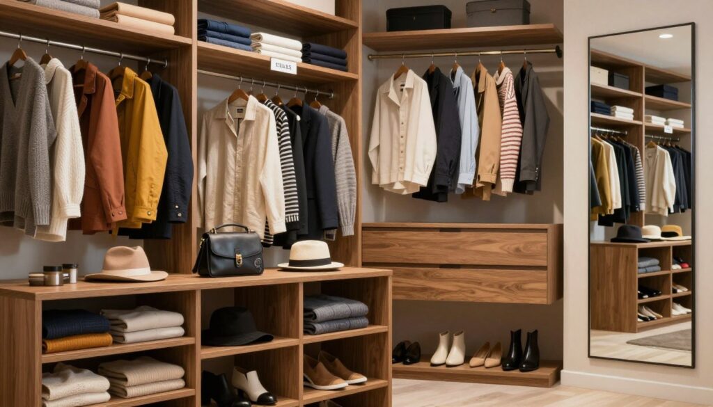 A modern and organized wardrobe interior, showcasing a well-arranged closet space filled with neatly hung clothes, folded sweaters, and organized shoes. The foreground features a chic wooden shelving unit displaying an array of colorful clothes, with a few stylish accessories like bags and hats. In the middle, elegant labels highlight different sections for easy selection, while a spacious area invites the viewer to imagine daily use. The background shows soft, ambient lighting illuminating the closet, creating a calm and inviting atmosphere. A polished mirror reflects the organized space, enhancing depth. The overall mood conveys efficiency and tranquility, promoting a sense of orderliness perfect for preparing for daily tasks.
