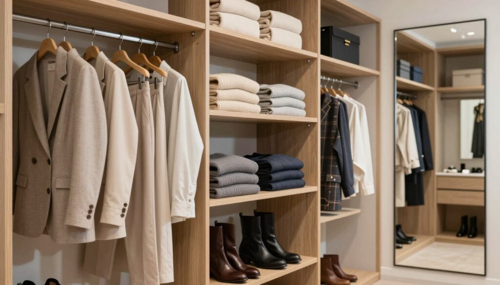 A modern capsule wardrobe displayed in a well-organized open closet, showcasing a balanced mix of stylish clothing pieces and accessories. In the foreground, neatly arranged items include neutral-toned blazers, versatile dresses, tailored pants, and casual tops, emphasizing variety. The middle section features well-organized shelves with folded sweaters and a section for shoes, both casual and formal. In the background, soft lighting highlights the closet space with a sleek, minimalist design, including wooden shelves and an elegant mirror. The atmosphere is calm and inviting, suggesting orderliness and efficiency, perfect for showcasing the concept of a capsule wardrobe. The image should focus on the wardrobe's elements and arrangement, with no people present.