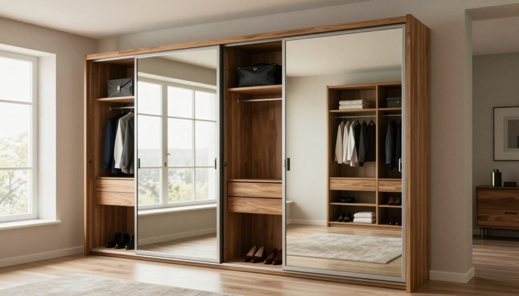A modern, custom-designed sliding wardrobe in a spacious, well-lit room, showcasing intricate detailing in its sliding door mechanisms and internal shelving. The foreground features an open door with stylish storage compartments visible inside, including suit bags, shoes, and neatly organized clothing. In the middle, a contemporary wooden frame contrasts against sleek, mirrored sliding doors reflecting the natural light streaming through a nearby window. The background includes a minimalistic décor with neutral colors, enhancing the wardrobe's elegance. The lighting is soft and inviting, creating a warm atmosphere, with a focus on the craftsmanship of the wardrobe. The scene is captured from a slight angle to emphasize depth and perspective, showcasing the harmony between functionality and aesthetic appeal.