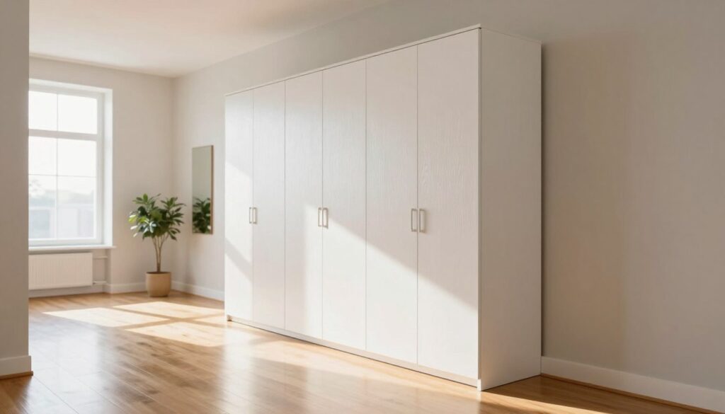 A modern hallway featuring a bright, light-colored wardrobe designed to enhance the feel of spaciousness. The wardrobe is made of smooth, glossy white wood with subtle texture, reflecting soft natural light. The foreground includes a polished wooden floor that reflects the wardrobe's shine. In the middle, the wardrobe stands against a pale-colored wall adorned with minimalistic decor, such as a small mirror and a potted plant. The background features a soft, airy ambiance, with large windows allowing radiant sunlight to illuminate the space. The overall mood is cheerful and inviting, emphasizing the clarity and openness created by the light colors. Use a wide-angle lens to capture the entire scene with a focus on depth and space.
