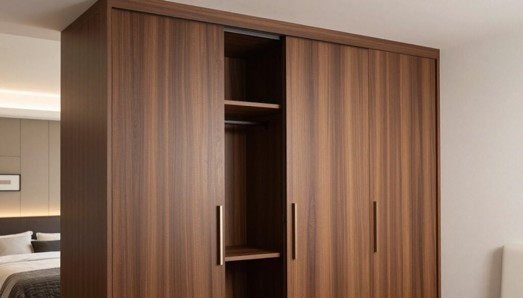 A modern interior featuring a stylish, custom wardrobe with sliding doors on one side and hinged doors on the other, showcasing the versatility of wardrobe design. The wardrobe is elegantly crafted, with a rich wood finish and sleek handles, reflecting a blend of functionality and aesthetics. Soft, ambient lighting highlights the texture of the wood and the polished surfaces, creating a warm and inviting atmosphere. In the background, a tastefully decorated room enhances the visual appeal, with neutral-colored walls and subtle decorative elements. The image is captured from a slightly elevated angle, providing a clear view of both door styles, emphasizing the choice between sliding and hinged doors. The scene conveys a sense of sophistication and practical elegance ideal for modern interiors.