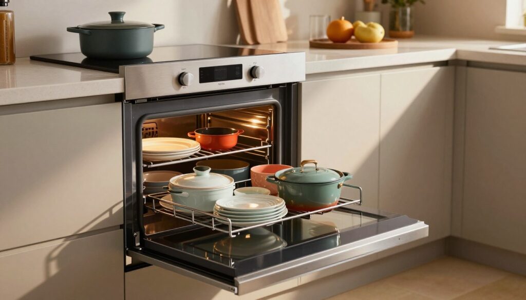 A modern kitchen featuring a freestanding oven with an open warming drawer below, showing various kitchen utensils and dishes neatly organized within. The foreground captures the oven's sleek design, highlighting its stainless steel finish and clean lines. In the middle, the warming drawer is subtly illuminated, showcasing its functionality as it holds colorful cookware and serving dishes, hinting at its purpose for keeping food warm. The background includes a well-lit kitchen environment, adorned with contemporary cabinetry and countertops, emphasizing a cozy yet sophisticated atmosphere. The lighting is warm and inviting, casting gentle shadows that enhance the details of the kitchen. The camera angle is slightly above eye level, focusing on the drawer's contents while providing context of the surrounding kitchen setting.