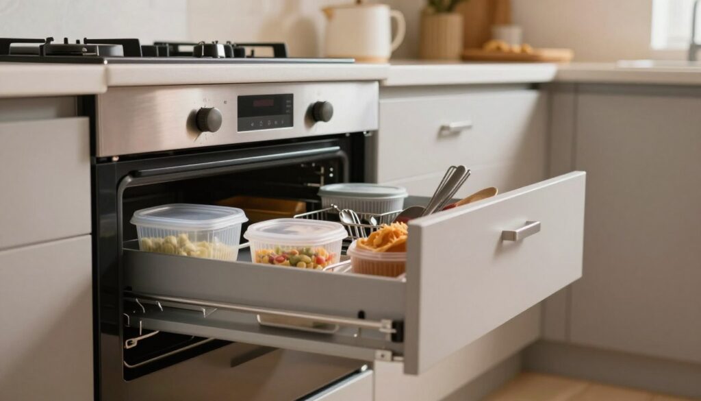 A modern kitchen scene focused on the area beneath a sleek oven, showcasing a drawer that is partially open. In the foreground, the drawer reveals inappropriate items that should not be stored there, such as plastic containers, metal utensils, and food items, to emphasize the message. The middle ground features a shiny oven and the stylish kitchen cabinetry, while in the background there’s a warm and inviting kitchen environment with soft, ambient lighting that highlights the textures of the cabinetry. Use a shallow depth of field to draw attention to the drawer's contents, creating a safe and practical atmosphere. The image should convey professionalism and caution, capturing the essence of what not to keep under the oven.