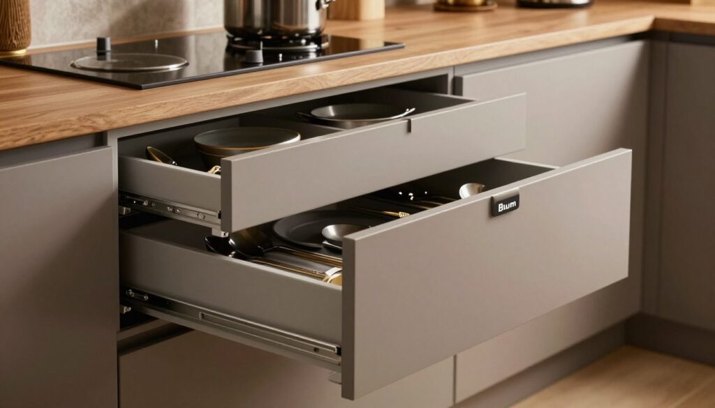 A modern kitchen scene showcasing two contrasting drawer systems: Rejs and Blum. In the foreground, highlight a beautifully designed Rejs drawer, featuring smooth edges and a minimalist aesthetic, open to reveal high-quality utensils organized inside, emphasizing functionality. In the middle ground, focus on a Blum drawer, showcasing its robust mechanics, partially opened to display elegant cookware. The background should feature a sleek, contemporary kitchen setting with warm, ambient lighting emphasizing the materials, like wood and metal. Use a shallow depth of field to draw attention to the drawers while keeping the background slightly blurred. Capture a balanced atmosphere of sophistication and practicality, ideal for a kitchen that blends style with efficiency.