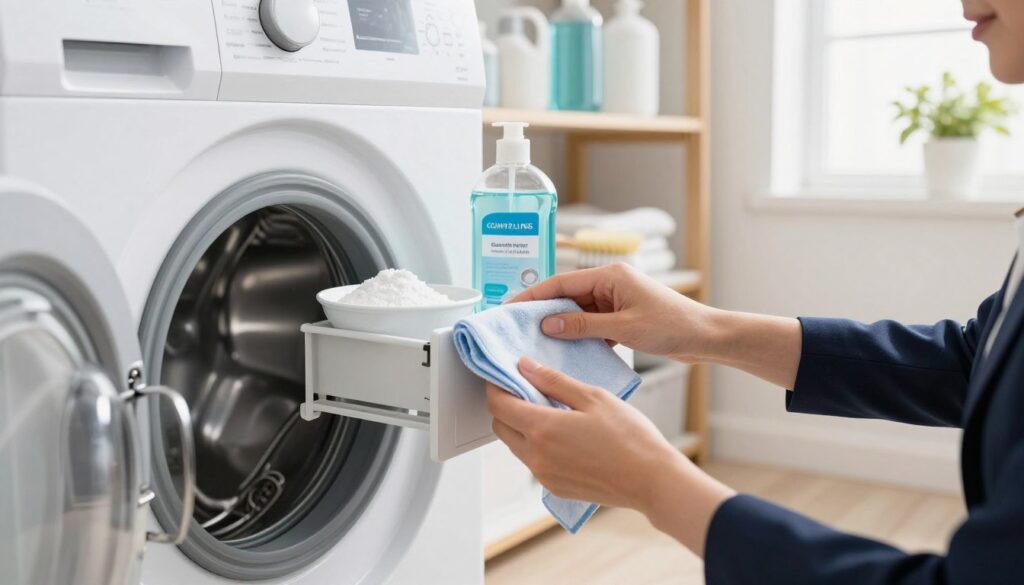 A modern laundry room featuring a well-maintained washing machine with the lid open, revealing a pristine detergent drawer being carefully cleaned. In the foreground, a person wearing professional business attire is using a soft cloth and eco-friendly cleaning solution, focused on removing mineral buildup. In the middle ground, a bottle of descaling solution is visible alongside a small bowl of baking soda and a brush, emphasizing effective cleaning methods. The background shows neatly organized laundry supplies on shelves, with natural light filtering through a window, creating a bright and inviting atmosphere. The scene should convey a sense of thoroughness and attention to detail in maintaining household appliances.