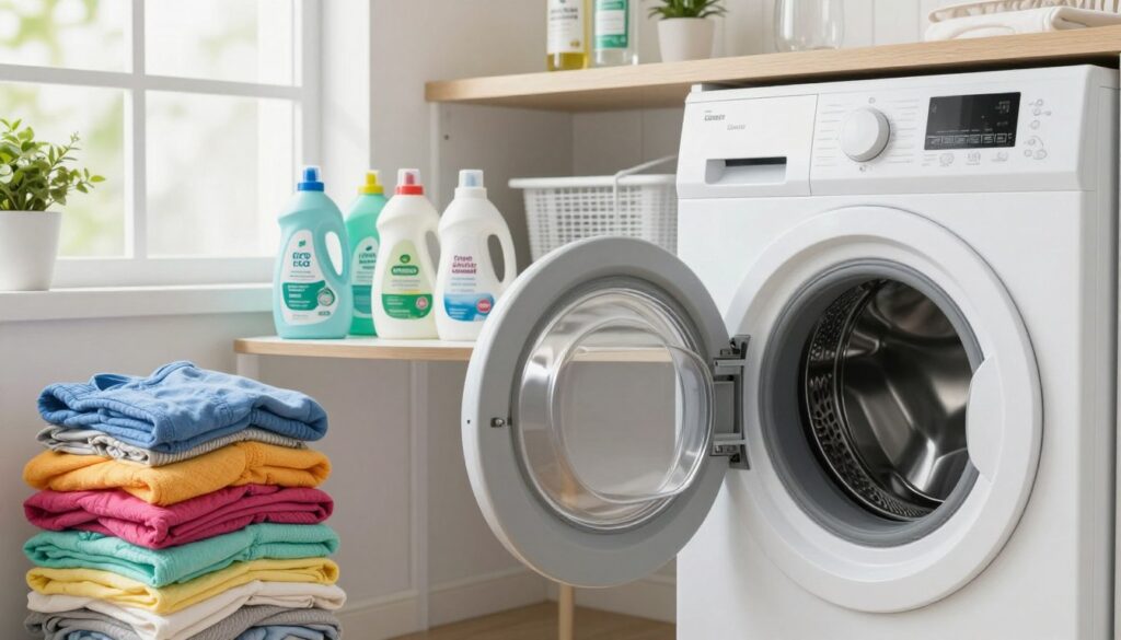 A modern laundry room showcasing a clean washing machine, prominently displayed in the foreground. Piles of freshly laundered clothes in vibrant colors are neatly organized to the side. The middle area features various eco-friendly detergents lined up, with one being poured into the machine's dispenser, illustrating the proper dosing technique. The background includes shelves stocked with tips for odor prevention, such as vinegar and baking soda, while a window lets in soft, natural light, creating a refreshing atmosphere. The scene conveys a sense of cleanliness and organization, emphasizing good laundry habits to prevent unpleasant odors. The mood is bright and inviting, reflecting a well-maintained space.