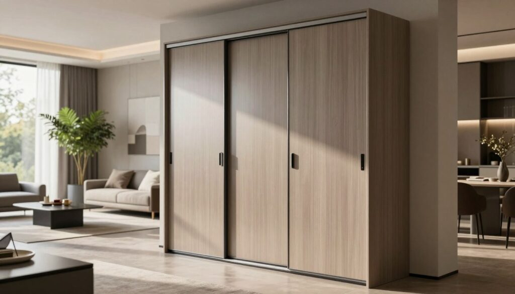 A modern sliding wardrobe, elegantly designed in a luxurious contemporary living space. In the foreground, showcase the wardrobe's sleek, high-quality veneer finish that reflects light beautifully, with a minimalist handle. The middle ground should feature a stylish, spacious room decorated in neutral tones, complemented by tasteful accents of greenery and contemporary furniture pieces. In the background, large windows allow soft, natural daylight to filter in, casting gentle shadows and highlighting the wardrobe’s texture. The scene conveys a sophisticated and inviting atmosphere, suitable for various interior styles. Capture the setting at a slight angle to emphasize the wardrobe's functionality and aesthetics, using a warm, inviting color palette that suggests freshness and modernity. A modern sliding wardrobe, elegantly designed in a luxurious contemporary living space. In the foreground, showcase the wardrobe's sleek, high-quality veneer finish that reflects light beautifully, with a minimalist handle. The middle ground should feature a stylish, spacious room decorated in neutral tones, complemented by tasteful accents of greenery and contemporary furniture pieces. In the background, large windows allow soft, natural daylight to filter in, casting gentle shadows and highlighting the wardrobe’s texture. The scene conveys a sophisticated and inviting atmosphere, suitable for various interior styles. Capture the setting at a slight angle to emphasize the wardrobe's functionality and aesthetics, using a warm, inviting color palette that suggests freshness and modernity.