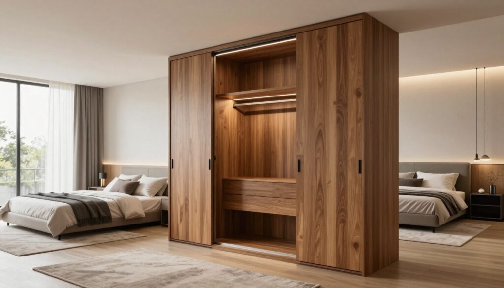 A modern, spacious interior showcasing a custom-built wardrobe designed for optimal storage and aesthetics. In the foreground, a sleek, wooden wardrobe with sliding doors, elegantly integrated into the room. The middle ground features a stylish bedroom with soft lighting highlighting the wardrobe's craftsmanship, surrounded by minimalist decor, including a plush bed, bedside tables, and a decorative rug. In the background, large windows allow natural light to fill the space, creating a warm and inviting atmosphere. The scene should emphasize the quality and practical use of a made-to-measure wardrobe, capturing its unique features and functionality. The overall mood is calm and sophisticated, perfect for a contemporary living space. A modern, spacious interior showcasing a custom-built wardrobe designed for optimal storage and aesthetics. In the foreground, a sleek, wooden wardrobe with sliding doors, elegantly integrated into the room. The middle ground features a stylish bedroom with soft lighting highlighting the wardrobe's craftsmanship, surrounded by minimalist decor, including a plush bed, bedside tables, and a decorative rug. In the background, large windows allow natural light to fill the space, creating a warm and inviting atmosphere. The scene should emphasize the quality and practical use of a made-to-measure wardrobe, capturing its unique features and functionality. The overall mood is calm and sophisticated, perfect for a contemporary living space.