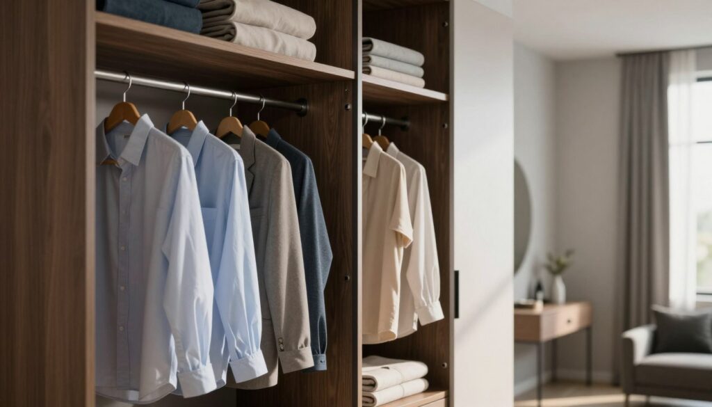A modern wardrobe in a stylish, small interior showcasing standard dimensions ideal for clothing storage. In the foreground, there’s an opened wardrobe with neatly arranged clothes on hangers, featuring shirts, blouses, and folded garments on shelves. The wardrobe has a sleek design with a mix of wood and metal finishes. In the middle ground, soft natural light filters through a nearby window, casting gentle shadows that highlight the wardrobe's depth and details. The background features a tastefully decorated room with subtle colors and minimalist decor, emphasizing space efficiency. The atmosphere is calm and organized, reflecting a sense of practicality and modern living.