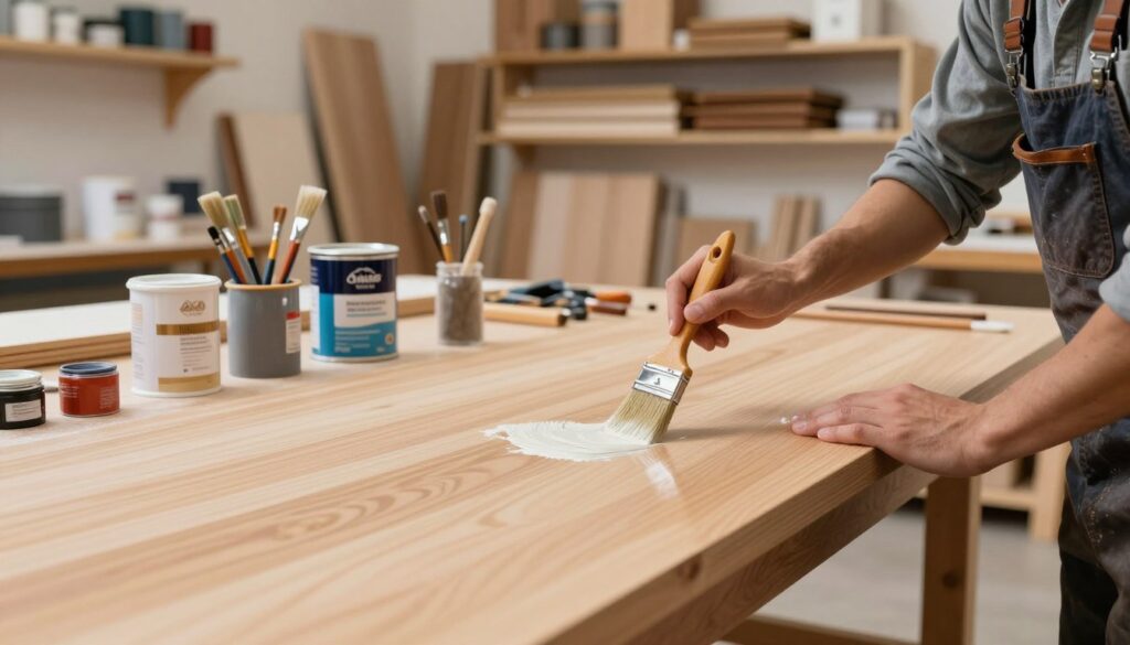 A modern workshop interior focusing on a workbench where a skilled artisan is applying a primer on a smooth wooden surface, showcasing the technique for preparing slick finishes. In the foreground, the artisan, dressed in casual yet professional work attire, carefully paints a clear primer onto the surface using a brush, with visible brush strokes highlighting the texture. In the middle ground, various tools and paint supplies are arranged neatly, including cans of primer and brushes, all well-lit by warm, ambient lighting. The background features shelves filled with wood materials and completed projects, suggesting a well-organized workspace. The overall atmosphere is focused and industrious, emphasizing the importance of primer for achieving a durable finish on smooth surfaces. A modern workshop interior focusing on a workbench where a skilled artisan is applying a primer on a smooth wooden surface, showcasing the technique for preparing slick finishes. In the foreground, the artisan, dressed in casual yet professional work attire, carefully paints a clear primer onto the surface using a brush, with visible brush strokes highlighting the texture. In the middle ground, various tools and paint supplies are arranged neatly, including cans of primer and brushes, all well-lit by warm, ambient lighting. The background features shelves filled with wood materials and completed projects, suggesting a well-organized workspace. The overall atmosphere is focused and industrious, emphasizing the importance of primer for achieving a durable finish on smooth surfaces.