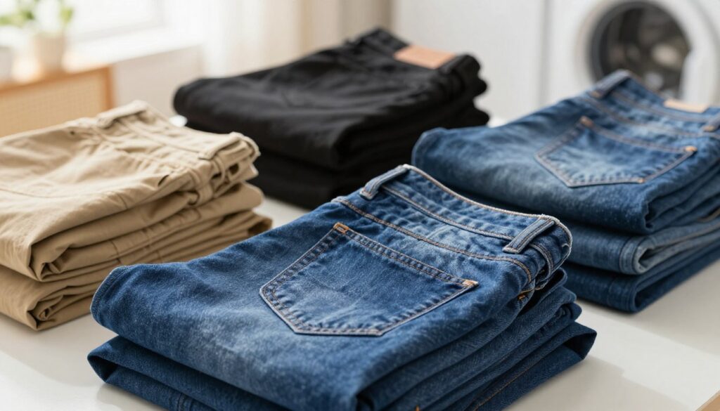 A neatly arranged stack of freshly laundered trousers, showcasing various techniques for preventing wrinkles after washing. In the foreground, focus on a crisp pair of dark blue jeans folded precisely, emphasizing smooth lines and lack of creases. In the middle, show several pairs of trousers in coordinated colors — khaki, black, and denim, all folded flat and neatly, demonstrating an organized approach. The background features a soft, airy laundry room with a hint of natural sunlight filtering through a window, creating a warm and inviting atmosphere. The lighting is soft, illuminating the textures of the fabric while casting gentle shadows, evoking a sense of calm and order. The scene conveys practicality and efficiency, perfect for showcasing the art of wrinkle-free folding.