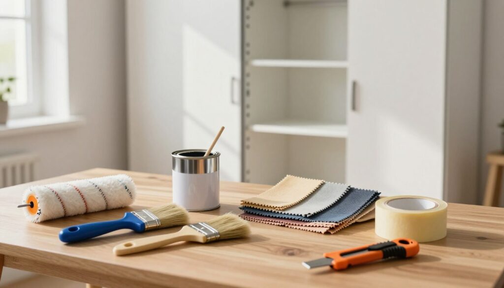 A neatly arranged workspace displaying essential tools for applying materials on a sliding wardrobe. In the foreground, a variety of tools including a paintbrush, roller, masking tape, and a utility knife are meticulously placed on a wooden table. The middle layer features an open can of paint with a stirring stick, and fabric swatches showcasing different textures and colors. In the background, a brightly lit room with a partially open sliding wardrobe, highlighting pristine surfaces and an inviting atmosphere. Soft, natural light streams through a nearby window, casting gentle shadows. The mood is calm and organized, emphasizing a stress-free preparation process for home improvement. The image composition is crisp and professional, ideal for illustrating the importance of proper tools in a DIY project. A neatly arranged workspace displaying essential tools for applying materials on a sliding wardrobe. In the foreground, a variety of tools including a paintbrush, roller, masking tape, and a utility knife are meticulously placed on a wooden table. The middle layer features an open can of paint with a stirring stick, and fabric swatches showcasing different textures and colors. In the background, a brightly lit room with a partially open sliding wardrobe, highlighting pristine surfaces and an inviting atmosphere. Soft, natural light streams through a nearby window, casting gentle shadows. The mood is calm and organized, emphasizing a stress-free preparation process for home improvement. The image composition is crisp and professional, ideal for illustrating the importance of proper tools in a DIY project.