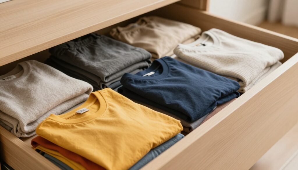 A neatly organized dresser drawer filled with folded clothes in various colors and patterns. The foreground features a close-up of brightly colored t-shirts stacked vertically, offering visibility and easy access. In the middle, neatly folded pants in neutral tones sit next to cozy sweaters, all arranged to showcase their textures. The background displays a soft-focus view of the open drawer, highlighting the wooden grain and a warm, inviting atmosphere created by soft, natural lighting. The angle is slightly above, capturing the organized layout while ensuring a soothing, minimalist aesthetic. Overall, the mood conveys a sense of calm and efficiency, perfect for illustrating effective clothing organization.