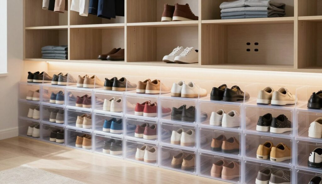 A neatly organized shoe storage area in a modern wardrobe. In the foreground, a variety of shoes are arranged in clear, breathable shoe boxes, showcasing different colors and styles, ensuring they're well-cared for. The middle section features a soft, natural light filtering into the space, highlighting the proper ventilation provided by small vents within the storage design. The background reveals a spacious closet with hanging shelves and a minimalistic aesthetic, emphasizing tidiness and functionality. The atmosphere feels fresh and inviting, suggesting that the shoes are preserved in optimal condition, free from distortion and odors. The angle captures the entire setup, showcasing a perfect balance between functionality and style.