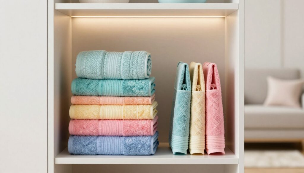 A neatly organized stack of colorful towels folded in innovative ways to save space, placed inside a modern, minimalist wardrobe. In the foreground, focus on four distinct folding techniques, each showcasing different sizes and styles of towels: a classic roll, a tri-fold, a hanging solution, and a compact vertical fold. The middle section features a stylish wardrobe with soft, diffused lighting to highlight the textures and patterns of the towels, while the background displays a clean, serene room atmosphere, with soft pastel colors creating a calming effect. The entire scene conveys a sense of order and tranquility, perfect for illustrating efficient towel storage methods.