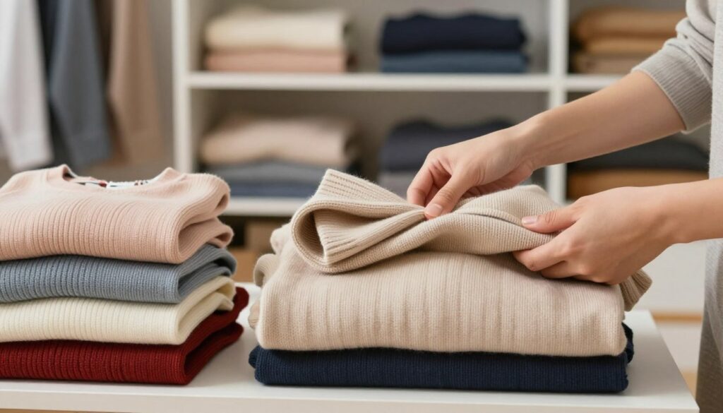 A neatly organized wardrobe showcasing various folding techniques for sweaters, emphasizing space-saving methods. The foreground features an array of neatly folded sweaters in soft, vibrant colors stacked in organized rows. The middle section includes a close-up of hands demonstrating an efficient folding method, with a focus on the technique that retains the sweater's shape. The background is a well-lit, tidy closet with shelves featuring additional clothing items, creating a sense of order and harmony. Soft, natural lighting enhances the textures of the fabrics, while a shallow depth of field brings attention to the folded garments. The overall mood is calm and organized, reflecting an inviting atmosphere for maintaining an efficient wardrobe. A neatly organized wardrobe showcasing various folding techniques for sweaters, emphasizing space-saving methods. The foreground features an array of neatly folded sweaters in soft, vibrant colors stacked in organized rows. The middle section includes a close-up of hands demonstrating an efficient folding method, with a focus on the technique that retains the sweater's shape. The background is a well-lit, tidy closet with shelves featuring additional clothing items, creating a sense of order and harmony. Soft, natural lighting enhances the textures of the fabrics, while a shallow depth of field brings attention to the folded garments. The overall mood is calm and organized, reflecting an inviting atmosphere for maintaining an efficient wardrobe.