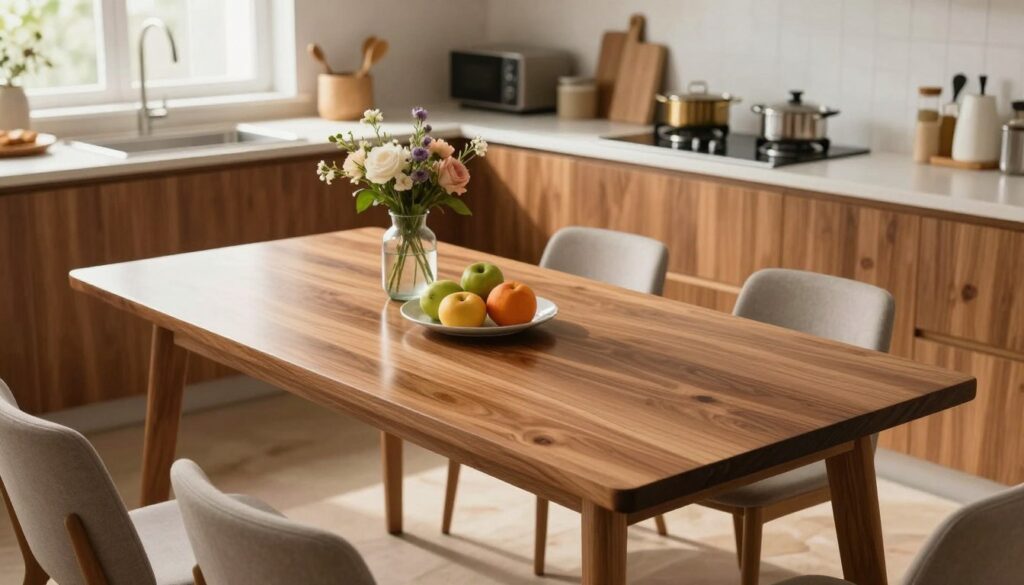 A polished wooden kitchen table, designed to be stain-resistant and heat-resistant, occupies the foreground. The table is adorned with a stylish, modern table setting featuring elegant dinnerware, a vase with fresh flowers, and a few colorful fruits, showcasing its practical use. In the middle ground, spacious kitchen cabinets with a warm wood finish complement the table's surface, while a well-organized countertop displays cooking essentials. The background reveals a cozy kitchen atmosphere, with soft, natural sunlight streaming through a large window, emphasizing the table's gleaming finish. Capture this scene with a slightly elevated angle, utilizing soft, diffused lighting to create an inviting and warm mood. The overall atmosphere should feel homely and functional, highlighting the durability and beauty of the stain-resistant kitchen table.