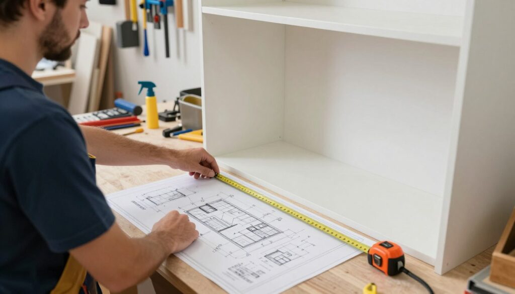 A professional workspace featuring a measurement of a wall alcove for custom wardrobe installation. In the foreground, a carpenter in smart casual attire is using a tape measure to measure the depth of the alcove. In the middle ground, there is a detailed blueprint spread across a table that outlines the design for the wardrobe, with annotations on dimensions and space optimization. The background includes a neatly organized workshop with tools hung on the wall, bright overhead lighting illuminating the area. The atmosphere is one of focus and precision, conveying a sense of planning and professionalism in home improvement. The camera angle is slightly elevated, providing a clear view of both the measuring process and the plans. A professional workspace featuring a measurement of a wall alcove for custom wardrobe installation. In the foreground, a carpenter in smart casual attire is using a tape measure to measure the depth of the alcove. In the middle ground, there is a detailed blueprint spread across a table that outlines the design for the wardrobe, with annotations on dimensions and space optimization. The background includes a neatly organized workshop with tools hung on the wall, bright overhead lighting illuminating the area. The atmosphere is one of focus and precision, conveying a sense of planning and professionalism in home improvement. The camera angle is slightly elevated, providing a clear view of both the measuring process and the plans.