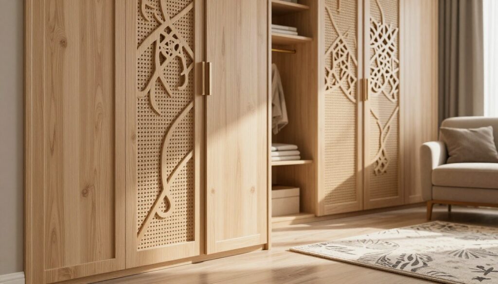 A serene and aesthetically pleasing interior scene featuring lightweight decorative panels as a stylish alternative to traditional closet doors. In the foreground, elegant wooden panels with intricate cut-out designs softly diffuse light. The middle ground showcases a well-organized living space with a cozy armchair and a stylish rug, highlighting the functionality of the panels. In the background, a softly lit room with warm, natural light filters through the panels, casting gentle shadows. The atmosphere is calm and inviting, ideal for home decor. Capture this composition from a slightly elevated angle to emphasize depth, with a focus on textures and colors that create a harmonious and modern ambiance.