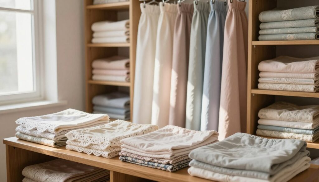 A serene and cozy closet interior showcasing neatly folded and hung curtains (firanki) in soft, pastel colors. In the foreground, a beautiful wooden shelf displays delicate lace and patterned fabrics that are organized without creases. The middle ground features a rack with various styles of draped firanki, casting gentle shadows. The background reveals shelves lined with storage boxes containing additional fabric sets, evoking an atmosphere of careful preservation. Soft, diffused natural light streams in from a nearby window, illuminating the scene and highlighting the textures of the materials. The overall mood is calm and organized, emphasizing the importance of proper storage techniques to prevent wrinkles and discoloration.